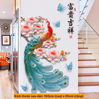 Decal dán tường, Tranh dán tường công đuôi xanh ngọc trang trí phòng khách.