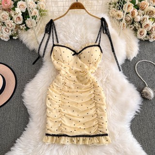 HA5247 [Sẵn một số size] Đầm hai dây có đệm ngực họa tiết chấm đen nhỏ ôm body tôn dáng siêu xinh