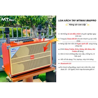 Loa xách tay HOT MTMAX B92 pro Bass20 Âm Thanh Chắc Kèm 2 Micro chống hú UHF hỗ trợ hát karaoke gia đình cực hay