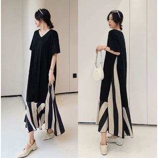 Đầm váy suông From dài dáng rộng cách điệu phối lụa sọc màu kem thời trang