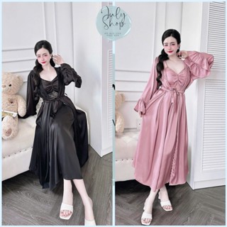 <70kg Đồ Ngủ Nữ JULY Set Đầm Ngủ Công Chúa 2 Dây Sexy Phối Ren Kèm Áo Choàng Tay Bèo Xinh Xắn Lụa Latin Cao Cấp Freesize