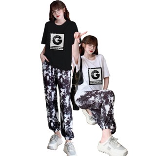 Bộ Đồ Thun Dài Nữ Form Rộng Áo Thun Cotton Đắp Chữ G Kết Kim Sa Phối Quần Thun Lạnh In 3D Loang Màu Đen Trắng