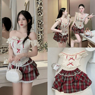 Set áo caro croptop + chân váy nơ đen