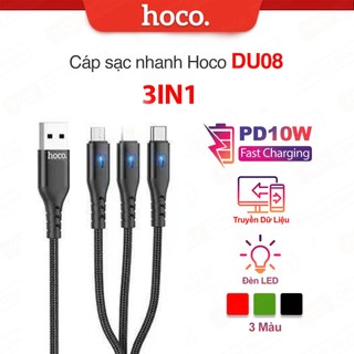 Cáp sạc Hoco DU08 Plus 3 in 1( ip+Micro+Type-C )sạc nhanh 2.4A, hỗ trợ truyền dữ liệu, có đèn LED, dài 1.2m