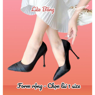 GIÀY CAO GÓT NỮ CÔNG SỞ GÓT NHỌN MŨI PHỐI DÂY VẢI SATIN SANG CHẢNH H26