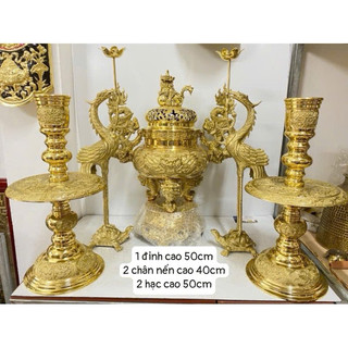 Bộ Đỉnh đồng lư thờ bằng đồng nguyên chất , bộ tam sự ngũ sự đỉnh hạc nến cao 50cm