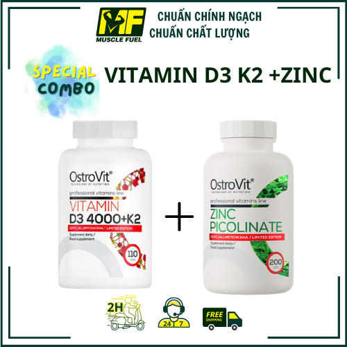 [HÀNG CÔNG TY] Combo Ostrovit Vitamin D3 4000 IU K2 110 Viên+OstroVit Zinc Picolinate 200 viên