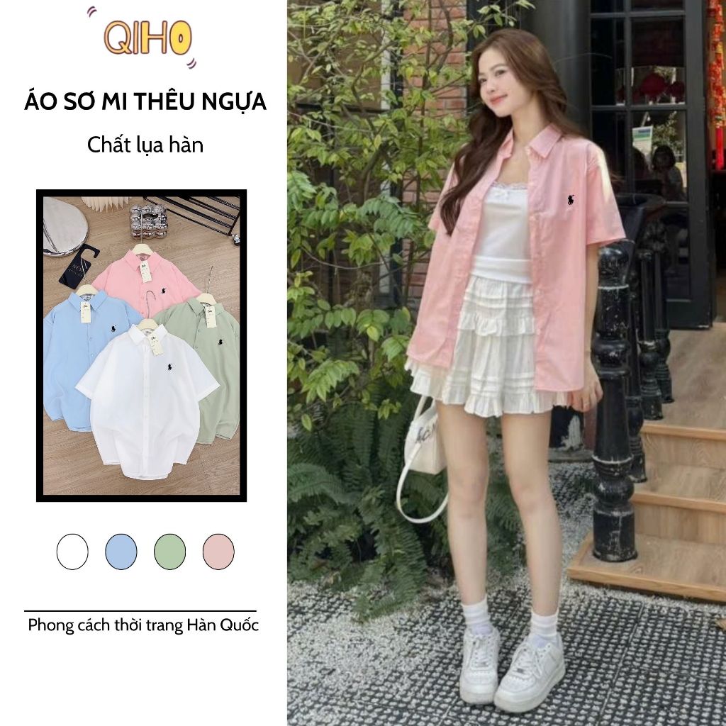 [ A06 ]  Áo sơ mi cộc tay thêu ngựa chất lụa hàn Qiho.store