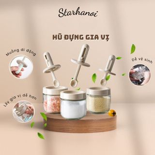 Hũ Đựng Gia Vị STARHANOI Thủy Tinh Kèm Muỗng Điều Chỉnh Ngắn Dài Tiện Lợi