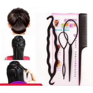 Bộ làm tóc tạo kiểu 4 món 4in1 vòng búi tóc cuộn củ tỏi lược chải chia ngôi tóc dụng cụ cuốn rút uốn bện buộc tết tóc