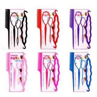 Bộ làm tóc tạo kiểu 4 món 4in1 vòng búi tóc cuộn củ tỏi lược chải chia ngôi tóc dụng cụ cuốn rút uốn bện buộc tết tóc