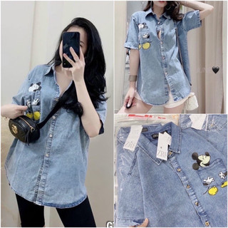 Áo Sơ Mi Jean Bò In Mickey (FREESHIP) Áo Somi Form Rộng Dành Cho Nữ áo bò nữ