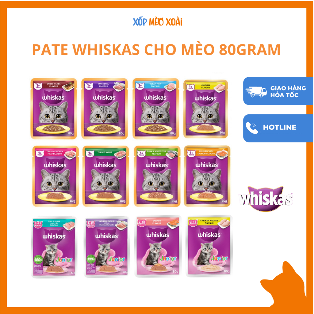 [THÙNG] Pate Whiskas cho mèo 80gram - Nhiều hương vị - Thức ăn ướt cho mèo lớn, mèo con