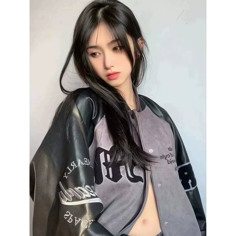 Áo khoác bomber nữ form rộng da lộn, áo khoác Unisex bóng chày tay da màu xám, màu nâu