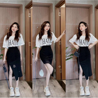 Sét bộ áo thun form rộng in chữ phối chân váy dài rút dây 1 bên cực xinh , chất thun coton dày dặn