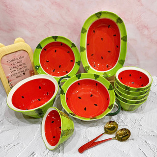 Bát đĩa gốm sứ decor, bát ăn cơm, bát ăn chè, chén dĩa dễ thương bộ bát đĩa dưa hấu cực đẹp