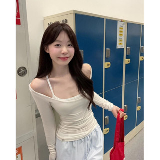 Áo Thun Tay Dài Phối Cổ Yếm Ôm Body, Áo Thun Dáng Ôm Croptop Cổ Layer Phối Áo Hai Dây