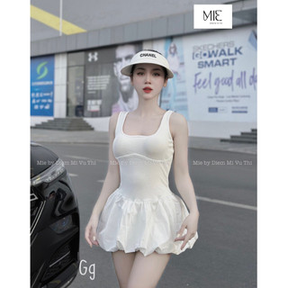 Đầm 2 dây bản phối lụa ôm trên dưới bồng bí dáng ngắn cực xinh , chất gân phối lụa mềm mịn