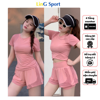Đồ tập gym nữ, đồ tập yoga aerobic chạy bộ phối lưới quần đùi 2 lớp có túi mix áo chất thun lạnh co dãn LinG Sport