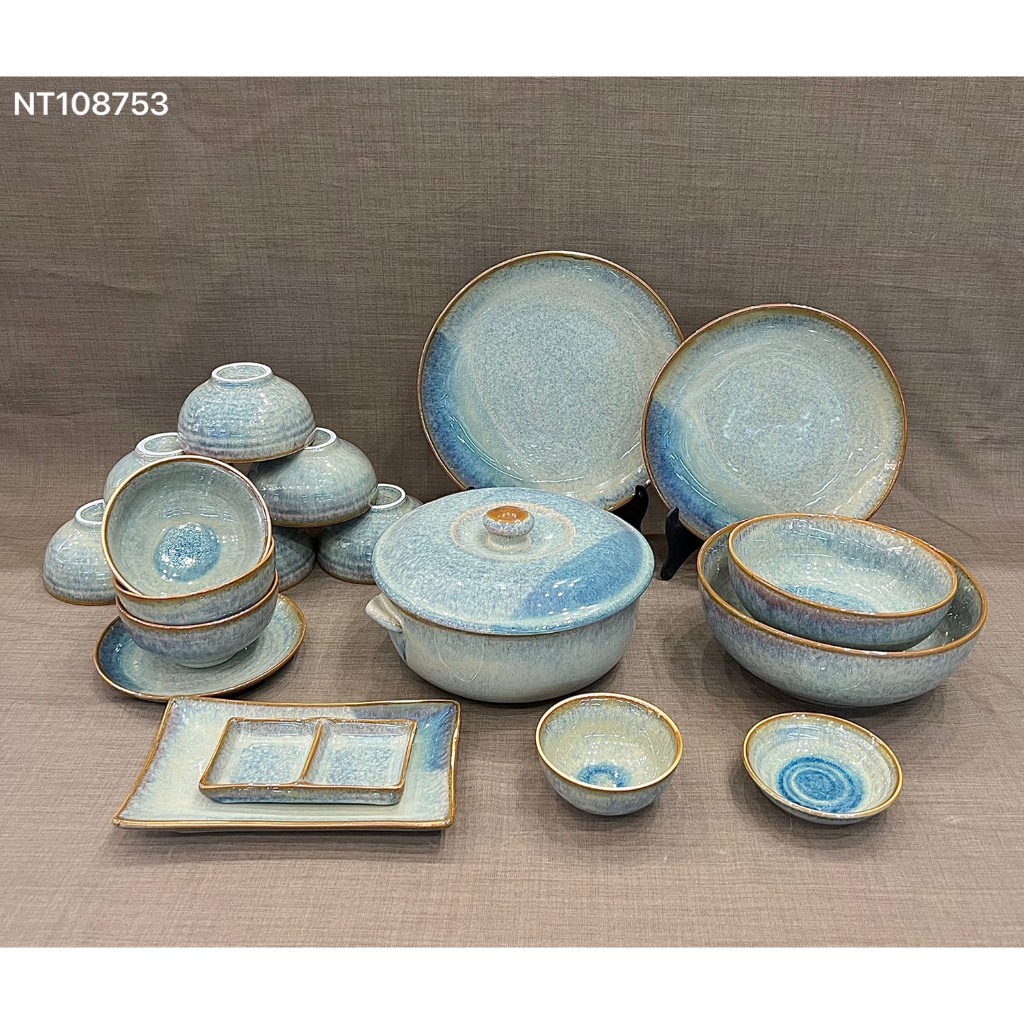 Bộ Bát Đĩa Gốm Sứ Decor, Chén Dĩa Dễ Thương Bộ Bát Đĩa Hoả Biến Xanh Nhạt Chuẩn Gốm sứ Bát Tràng