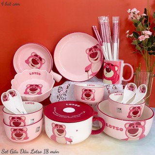 Bát Đĩa Gốm Sứ Decor, Bát Ăn Cơm, Bát Ăn Chè, Chén Dĩa Dễ Thương Bát Đĩa Bộ Gấu Dâu  Hồng Cực Xinh Yêu