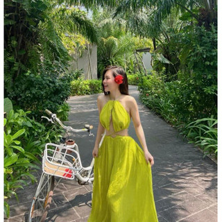 ĐẦM MAXI YẾM DẬP LY KHOÉT EO C.H.O.U.C.H.O.U (còn Xanh chuối) - kèm ảnh thật cận tag chuẩn 💯