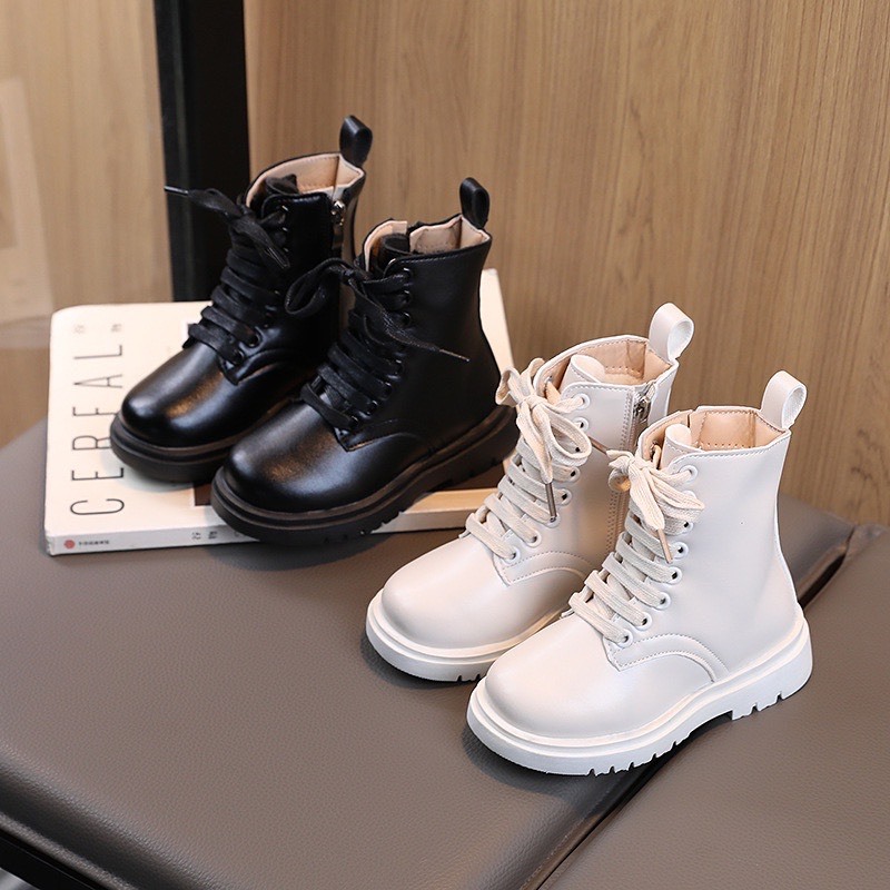 Giày Boot Trắng/Đen Da PU Cổ Cao Sành Điệu Cho Bé Gái Size 27-36, Boot Da Trắng Cổ Cao Hàn Quốc Cho 