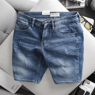 Quần short jean nam xanh trơn đơn gia r ngang gối ống suông nhẹ hàng vnxk co giãn chất bò mịn đẹp