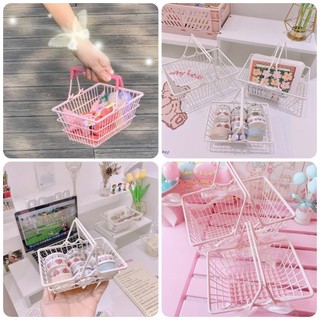 Giỏ tay cầm màu hồng thắt nơ pastel xinh xắn ( Rổ picnic cắm trại , rổ trang trí góc học tập )