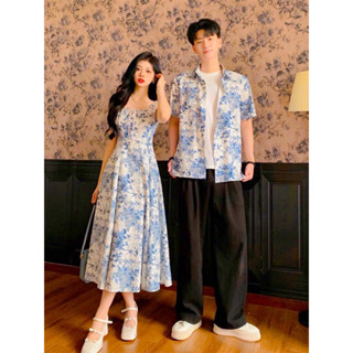   Bigsize nam max 100kg  Set áo váy - đồ đôi đi biển hoạ tiết xanh rút ngực 2 dây - FOREVER COUPLE | Tiệm Đồ Đôi 