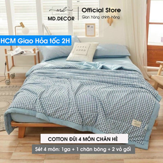 Bộ Chăn Ga Gối Cotton Đũi MD.Decor - Bedding set 4 món caro, màu kẻ drap bọc nệm nhiều kích thước ra giường M2 M4 M6 M8