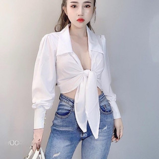 Áo phi lụa cổ sơ mi phối buộc nơ eo xinh xinh