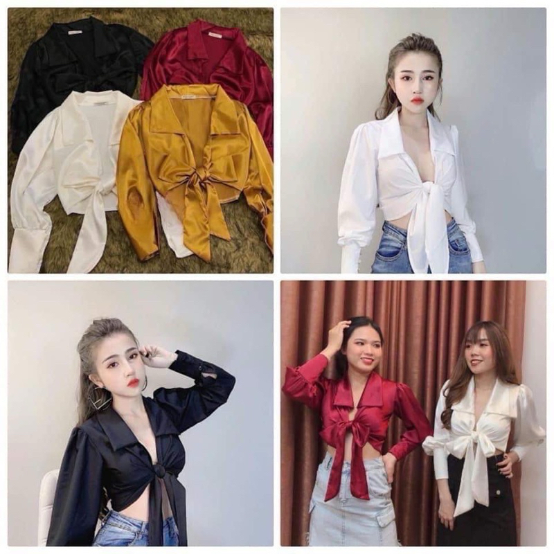 Áo phi lụa cổ sơ mi phối buộc nơ eo xinh xinh