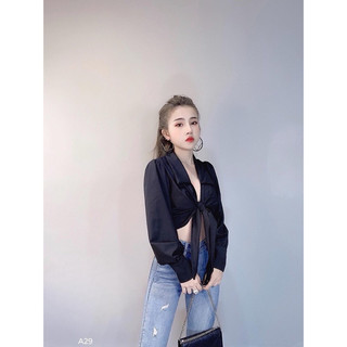 Áo phi lụa cổ sơ mi phối buộc nơ eo xinh xinh