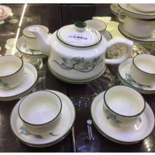 Bộ ấm chén vẽ hoa sen xanh kẻ chỉ Bát Tràng , bộ ấm chèn pha trà gốm sứ Bát Tràng cực xinh yêu