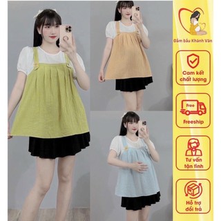 Áo bầu giả yếm cộc tay hàng thiết kế dáng babydoll chất tắm nhăn xinh xắn đi làm đi chơi...