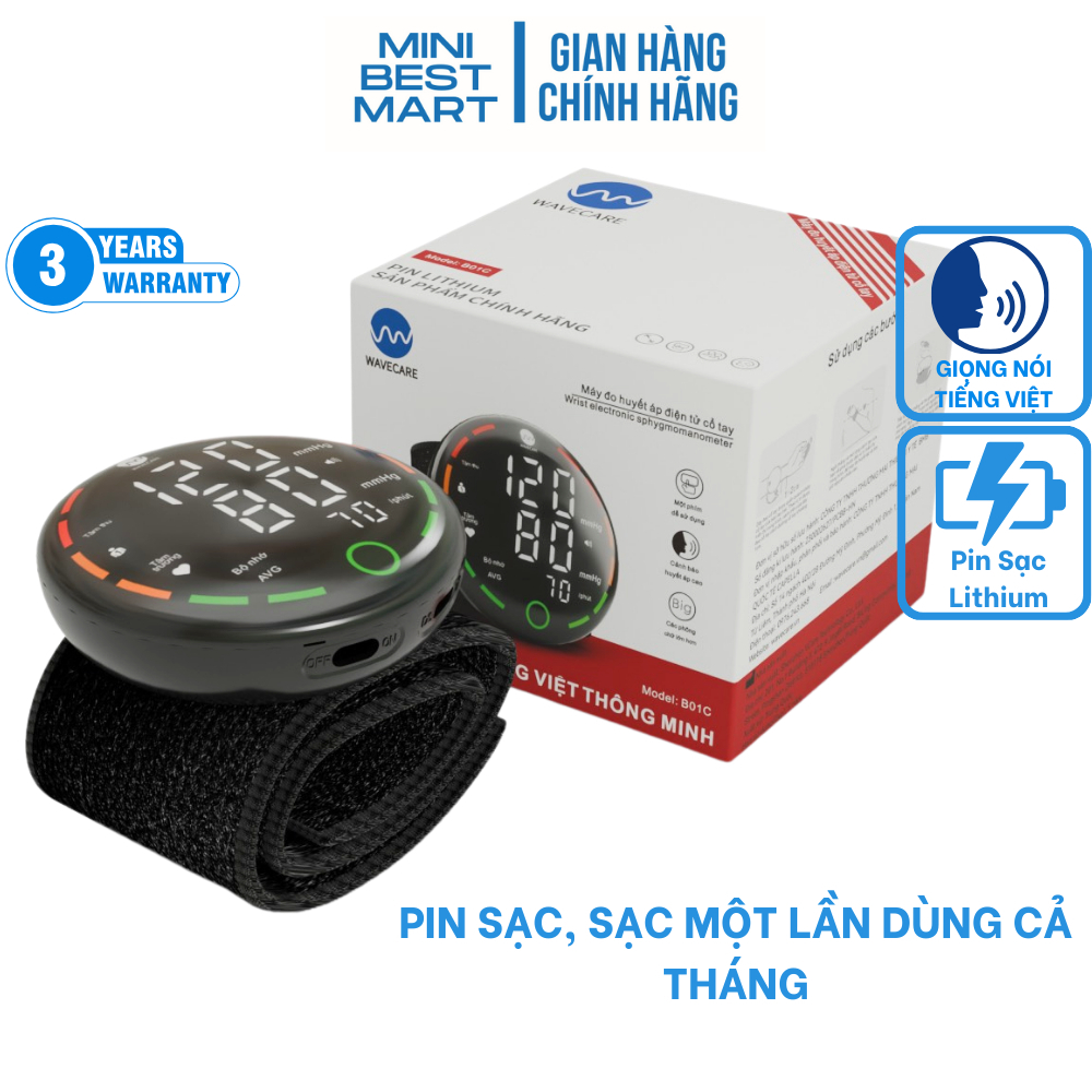 Máy đo huyết áp cổ tay Wavecare B01C Chính Hãng - Pin Lithium sạc (Giọng nói Tiếng Việt)