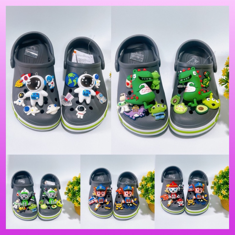    Tặng 12 sticker   Dép Sục Crocs Baya Bé Trai Màu Ghi Gắn Cham Sticker Vip MunCrocs sỉ lẻ Sục Crocss bé gái nam nữ 