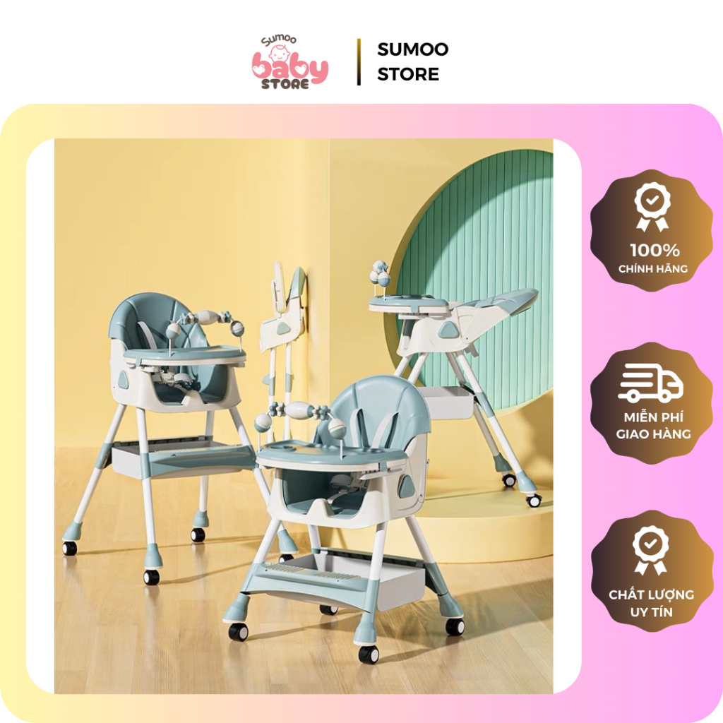 Ghế ăn dặm E560 3 tư tế mẫu mới 2024 có bánh xe gấp gọn, tựa lưng cho bé, chất liệu nhựa ABS