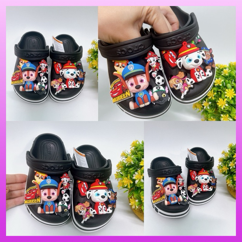 [ Tặng 12 Sticker ] Dép Crocs baya Đen mix chó cứu hộ cho bé trai Muncrocs sỉ lẻ sục crocss bé gái n