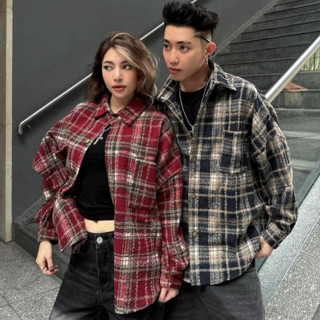 Áo Sơ Mi Caro Nam Nữ Tay Dài Flannel CHIDORI Vải Dạ Kẻ Sọc Caro From Rộng thoáng Mát Phong Cách Trẻ Trung Năng Động