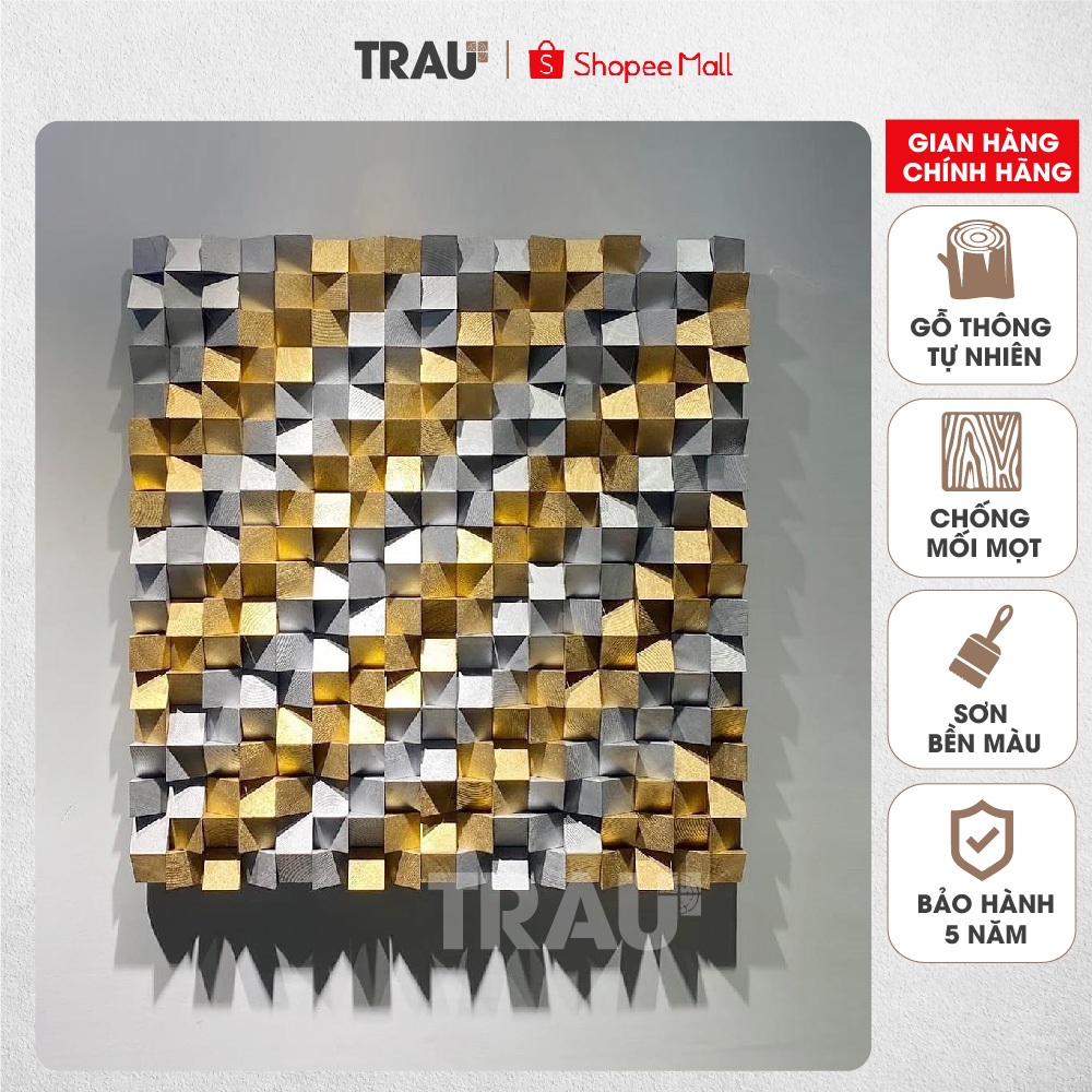 Tranh Gỗ Vuông Thủ Công Treo Tường Màu Vàng Gold Bạc - Trau Decor 032