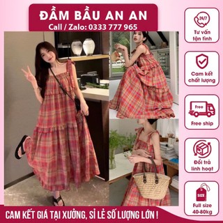 Đầm vintage hai dây buộc vai kẻ đỏ xếp tầng bèo,váy hai dây dáng suông váy 2 dây maxi đi biển mùa hè chất kẻ đỏ