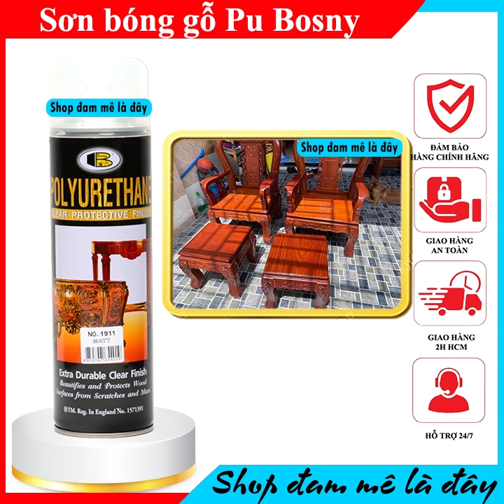 (Combo 1 thùng 12 chai) Sơn xịt bóng gỗ PU Polyurethane Bosny