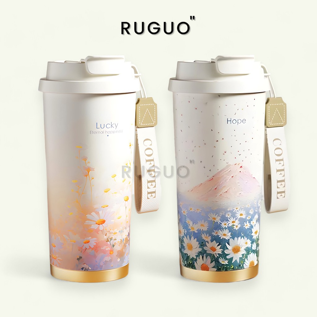 Ly Giữ Nhiệt Hoa HOPE, LUCKY 500ml Inox 316 Lõi Gốm Sang Trọng Có Ống Hút, Lõi Lọc Trà