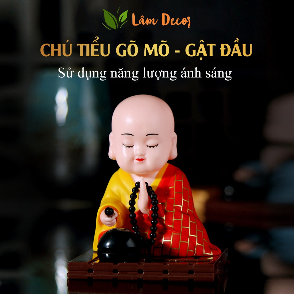 Tượng Phật Chú Tiểu Gật Đầu Gõ Mõ Sử Dụng Năng Lượng Ánh Sáng, Trang Trí Ô Tô Bàn Thờ Bàn Làm Việc