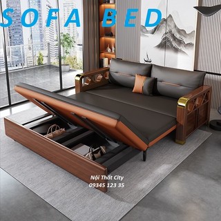 [Nhập Khẩu] Giường sofa đa năng ốp gỗ Sồi cao cấp. Ghế sofa giường có ngăn tủ để đồ. Nệm cao su non/xơ dừa cao cấp