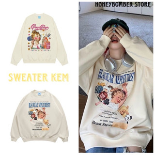 Áo Nỉ Sweater Be Hình Pou-Hurra 🌸Áo Nữ Nỉ Bông Form Rộng Tay Lỡ Oversize🌸