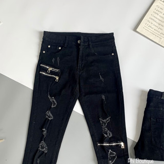 Quần jean bò nam Amiri slimfit đen rách xước thêu khoá zip đùi gối phong cách boy phố