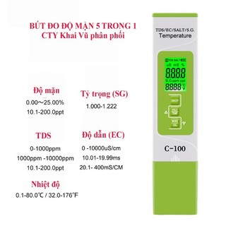 Máy đo ĐỘ MẶN, TDS, EC, TỶ TRỌNG, NHIỆT ĐỘ kiểm tra chất lượng nước 5 trong 1 (C100)